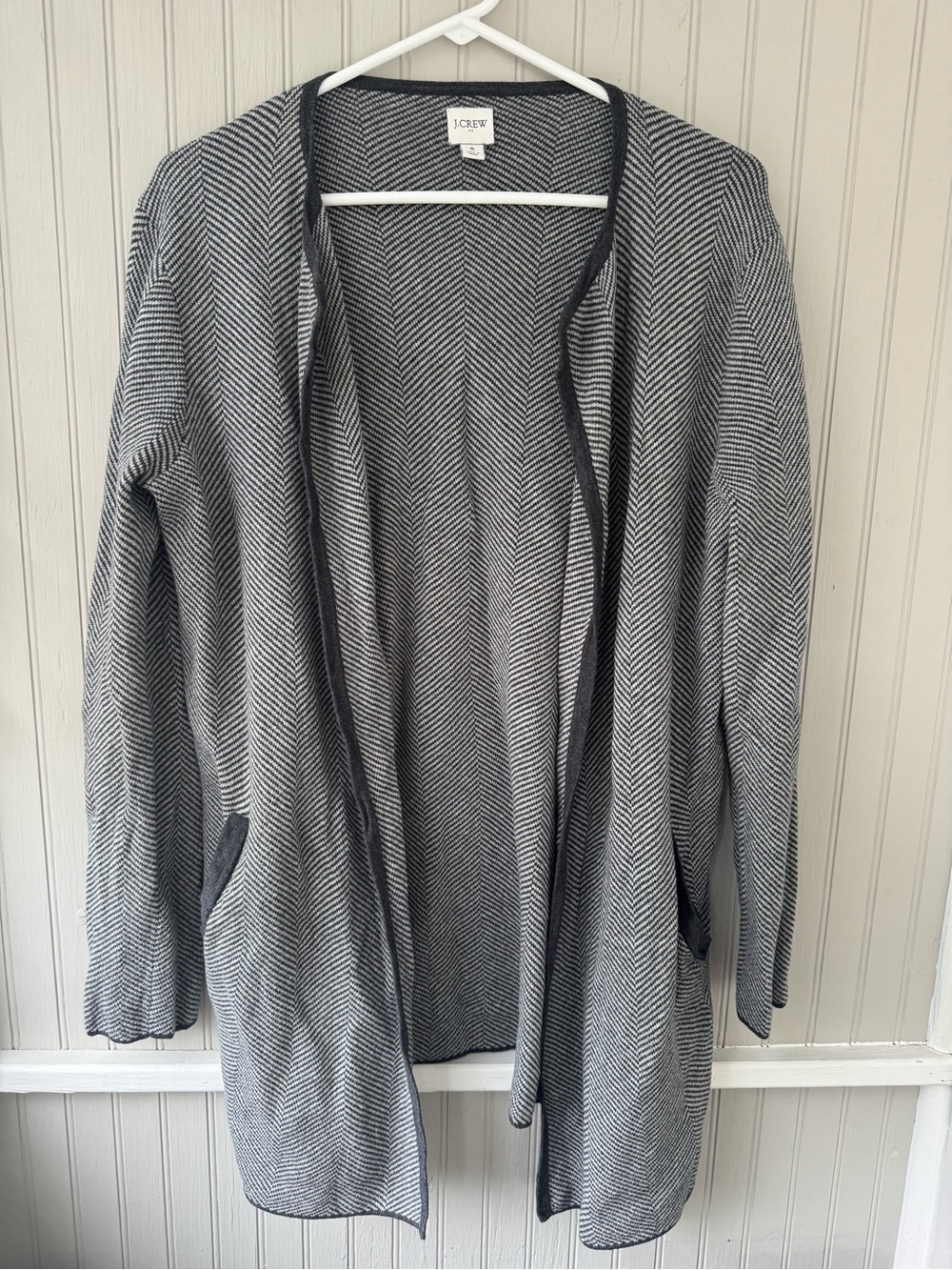 J. Crew Gray Herringbone Open-Front Cardigan with Contrast Trim S